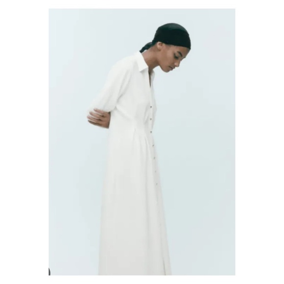ZARA Ivory Gold Detail Long Sleeve Tailored Midi Shirt Dress XL Blogger Favorite - Picture 4 of 8